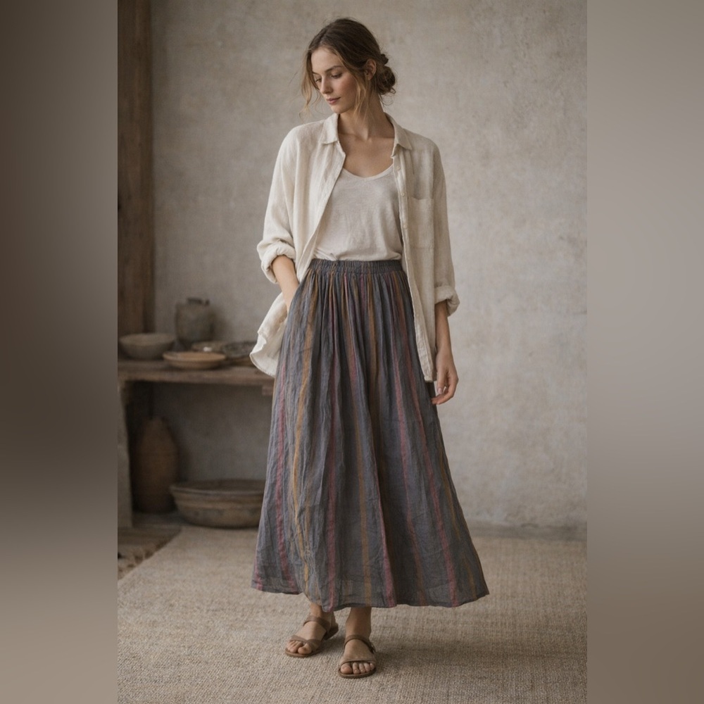 New! Ichi Antiquites Linen Striped Drawstring Adjustable Skirt 🩶 Onesize  XS-XL - Picture 2 of 11